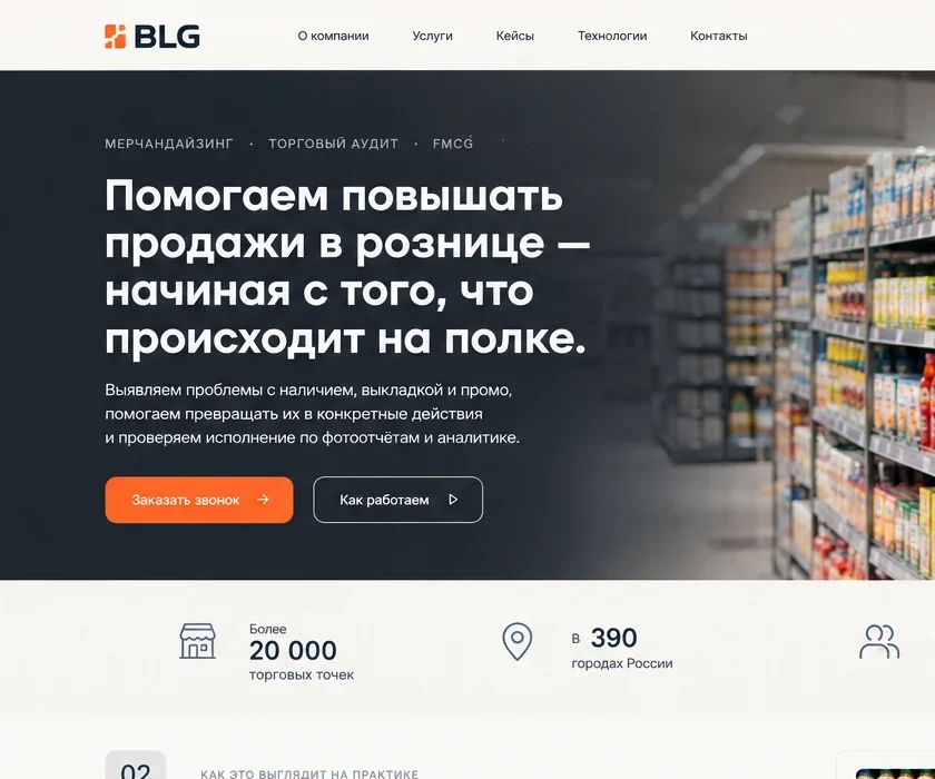 Дизайн-макет главной BLG-Service: полка FMCG и обещание роста продаж